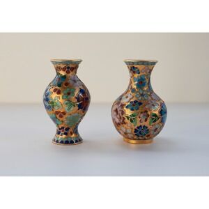 Lot of 2 - Mini Brass and Enamel CLOISONNE Vase Cobalt Blue Flowers Gold 3"